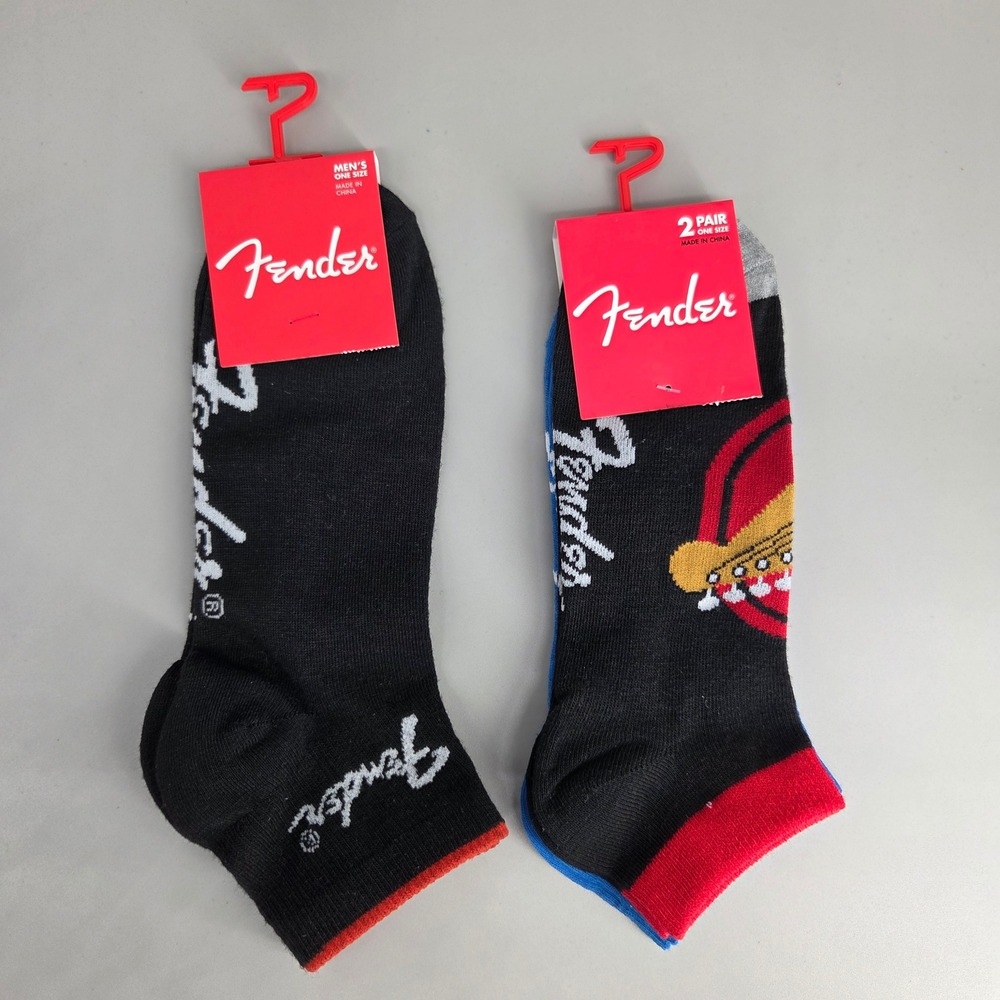 Fender Socks‎ Mens One Size 2 Pair Black Blue Guitar Logo Rock Music Aesthetic